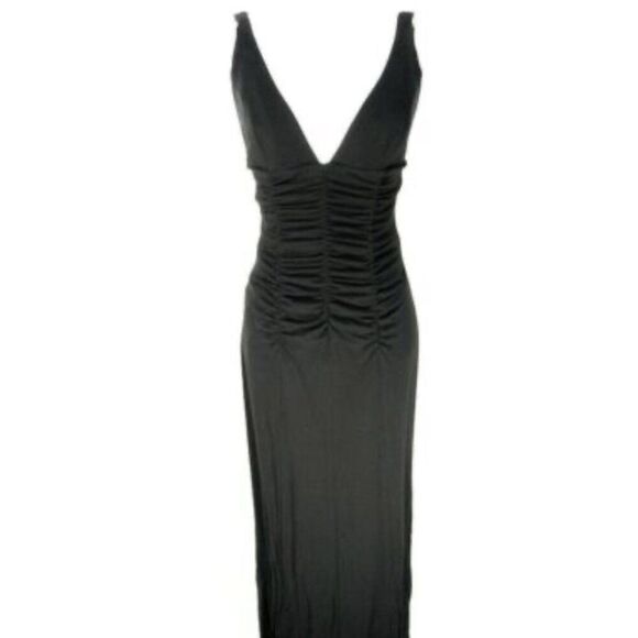 Maria Bianca Nero Solid Black Silk Ruched Plunge Halter Knee Length Dress P Xs - Picture 1 of 6